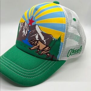Vibrant Green and White Trucker Hat with California Bear & Mountain Graphic